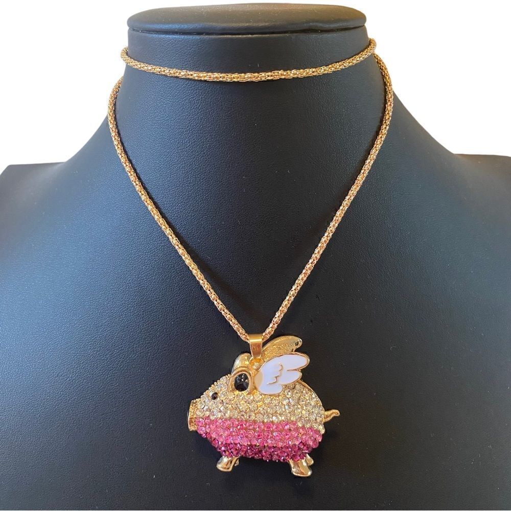 Sparkly Adorable Flying Pig Necklace on Long Gold Toned Chain.